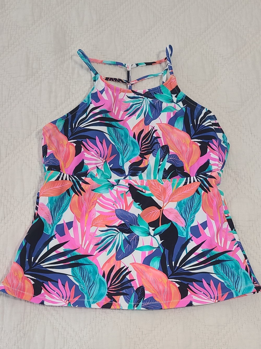 Raisins Tropical Floral High Neck Bikini Top in Pink, Teal, Navy